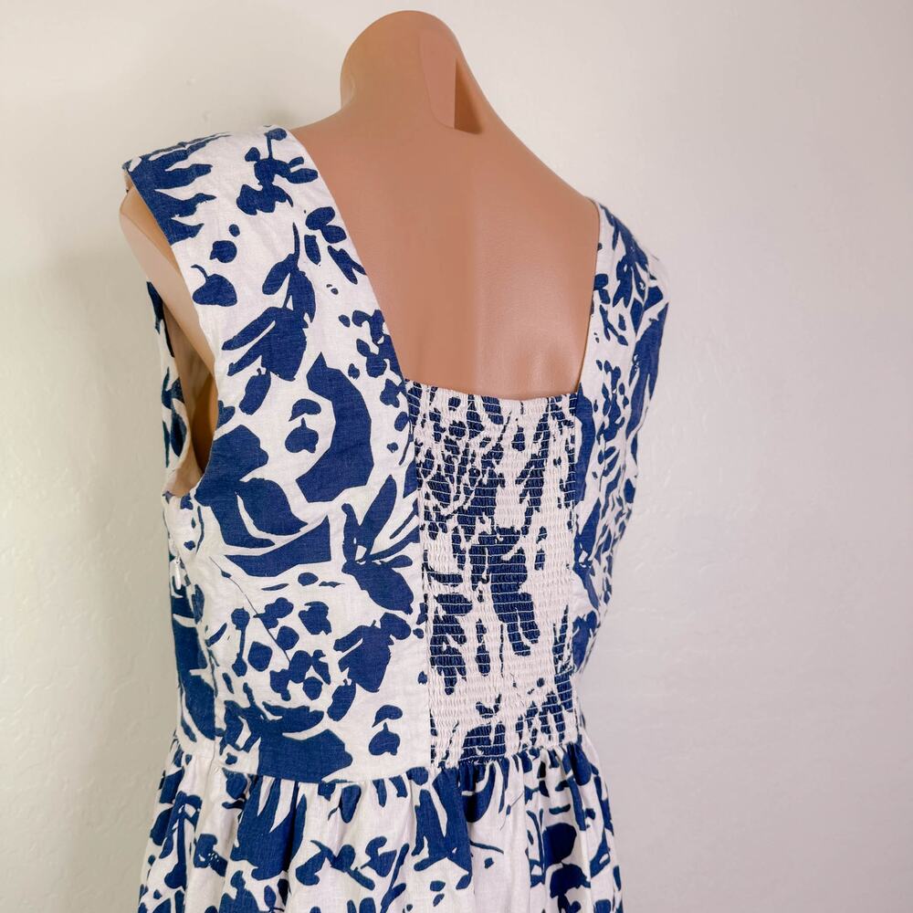 Magaschoni Bold Shadow Fauna Linen Smocked Midi Dress Blue White Size 10 NWT - Picture 6 of 9